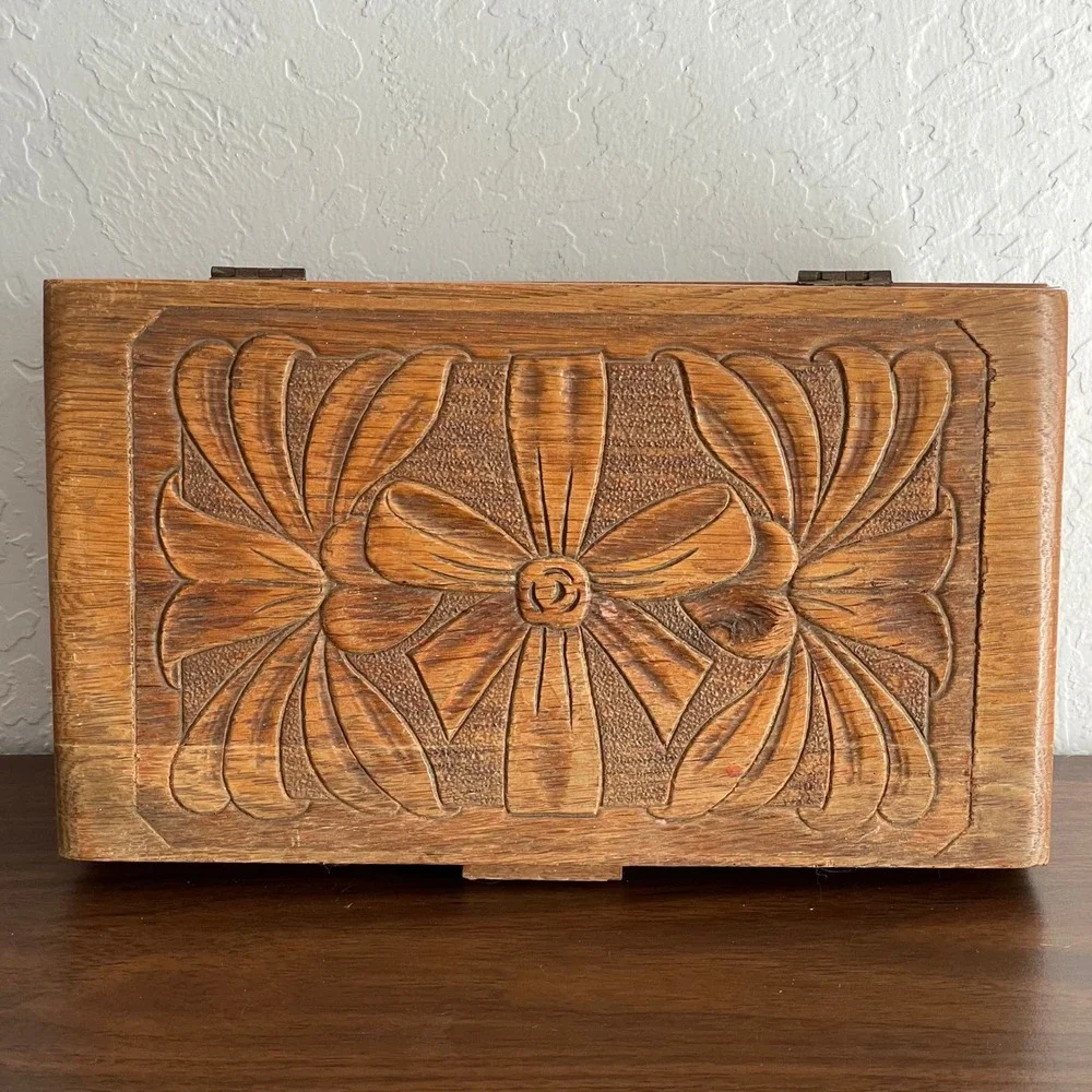 Vintage Hand Carved Engraved Wooden‎ Box Gold Lining Jewelry Trinket Mirror 11x6
